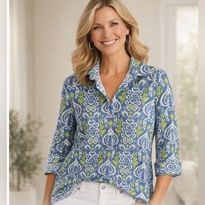 Chico’s No Iron 3/4 Sleeve Relaxed Fit Lotus Bloom Ikat Print Top Size 3.5